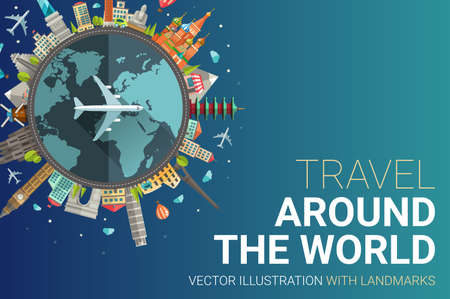 Vector illustration of flat design travel composition postcard with famous world landmarks iconsのイラスト素材