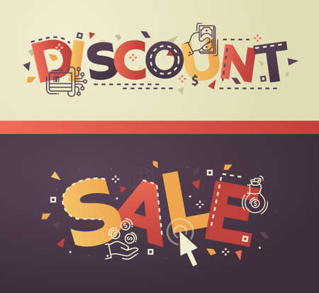 Modern vector lettering words advertising, marketing banners illustration Sale, Discount with business thin line design icons and pictograms for websiteのイラスト素材