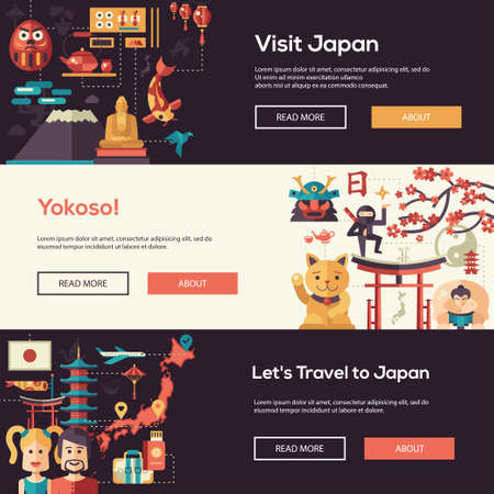 flat design Japan travel web design , headers set and infographics elements with landmarks and famous Japanese symbolsのイラスト素材
