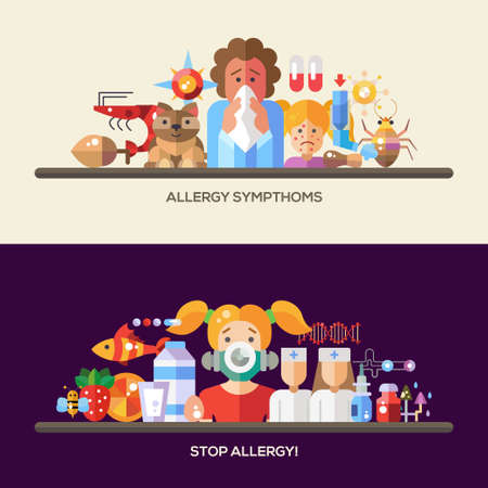 Set of vector flat design allergy and allergen banners, headers with icons and infographics elementsのイラスト素材