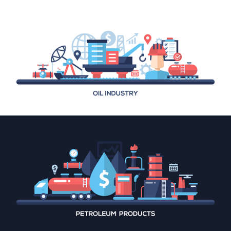 Oil and gas industry website and protection header, banner, icons and other flat design web elementsのイラスト素材