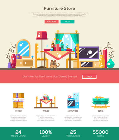 House interior and domestic furniture online store web site one page website template layout with thin line design header, banner, icons and other flat design web elementsのイラスト素材
