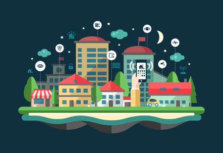 Security and alarm system services web site flat design header, banner with a cityscapeのイラスト素材