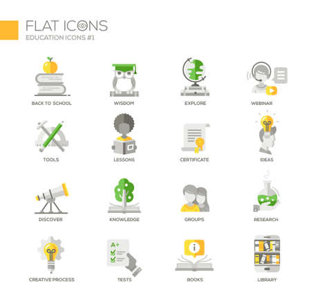 Set of modern vector education thin line flat design icons and pictograms. Collection of education infographics objects and web elements. Back to school, webinar, tools, lessons, discover, knowledge, groups, research, tests, books, libraryのイラスト素材