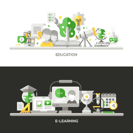 Online Education, E-Learning concepts compositions set. Vector modern line flat design infographics elements and webdesign banners, headers.のイラスト素材