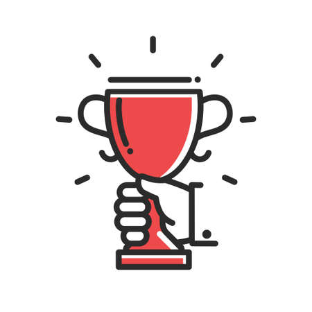 Champion cup award achievement single isolated modern vector line design icon. Hand holdng a cup.のイラスト素材