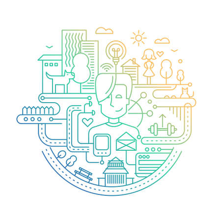 Illustration of vector modern line flat design city composition with peolpe, buildings and other infographics elements in color gradientのイラスト素材