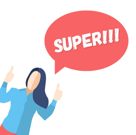 Female in a pose of joy with thumbs up and saying SUPER- modern vector flat design compositionのイラスト素材