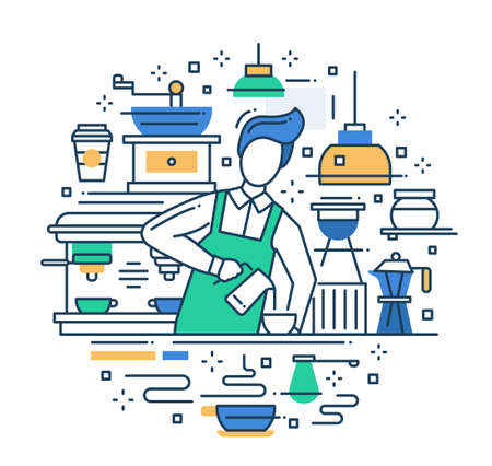 Illustration of vector modern line flat design composition with male barista making and serving cofee at the cafe counterのイラスト素材
