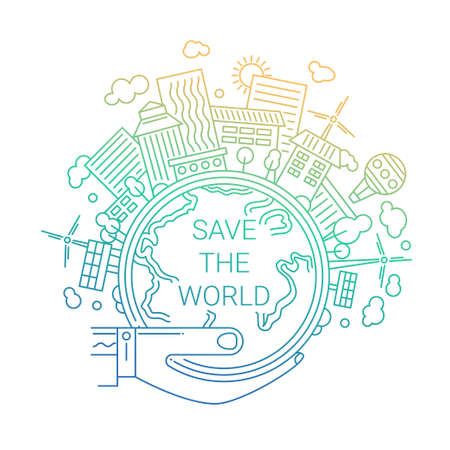 Illustration of vector modern line flat design city composition with the Earth in a hand and buildings and alternative energy infographics elements on it - gradient color.のイラスト素材