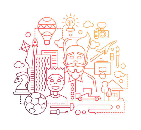 Illustration of vector modern line flat design happy father and son composition with common hobbies symbols and infographics elements - gradient colorのイラスト素材