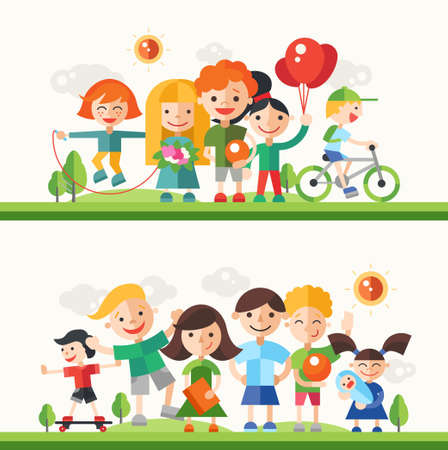 Children and their hobbies and activities - modern vector flat design characters compositions set.のイラスト素材