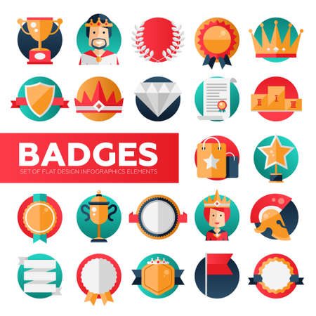Modern vector flat design merit awards icons set. Decorative elements - ribbon, cup, medal, certificate, badge, crown, laurelsのイラスト素材