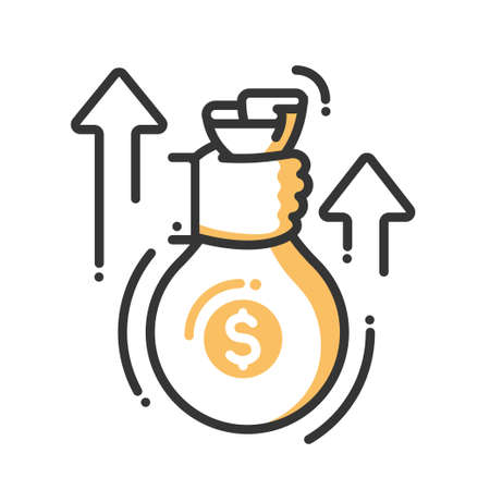 Hand with a money bag single isolated modern vector line design icon with a hand holding sack with dollar signのイラスト素材