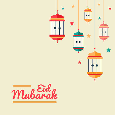 Modern vector flat design postcard with islamic lanterns, traditional greeting Eid Mubarakのイラスト素材
