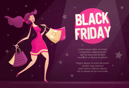 Black Friday flyer, poster template with happy female shopper - modern vector illustration with a female character walking after shoppingのイラスト素材