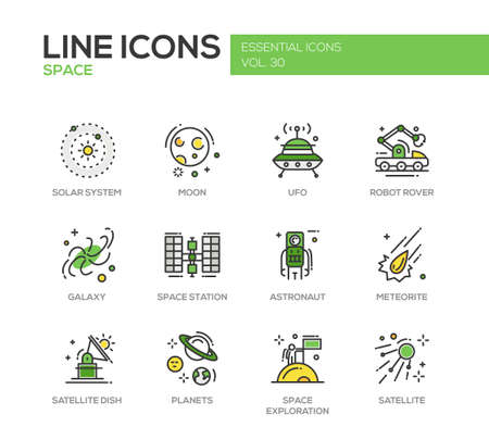 The Space - modern vector line design icons and pictograms set. Solar system, moon, ufo, robot rover, galaxy, space station, astronaut, meteorite, satellite, planets explorationのイラスト素材