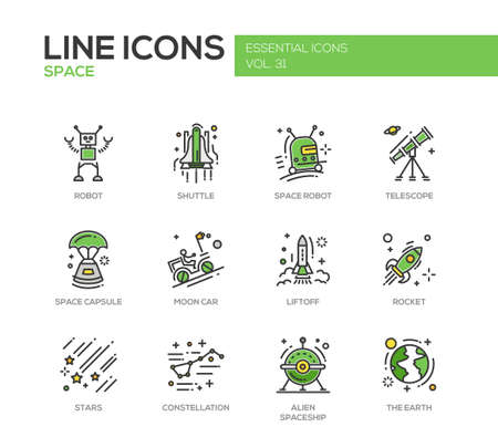 The Space - modern vector line design icons and pictograms set. Robot, shuttle, telescope, capsule, moon car, liftoff, rocket, stars, constellation alien spaceship earthのイラスト素材