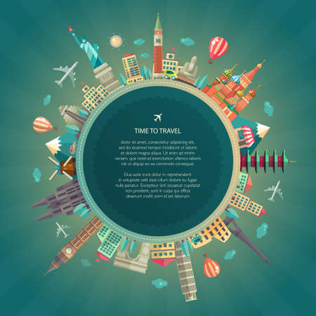 Vector illustration of flat design travel composition with famous world landmarks icons around the planetのイラスト素材