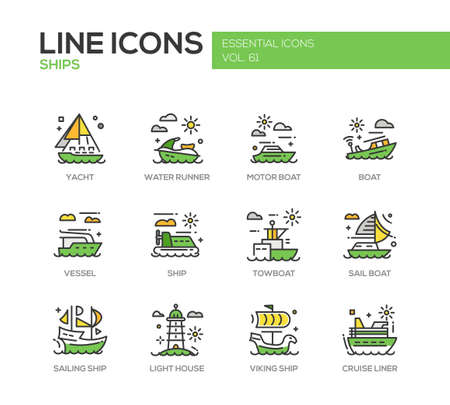 Ships - set of modern vector line design icons and pictograms. Yacht, water runner, motor boat, vessel, towboat, sailing ship, light house, viking ship, cruise liner