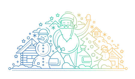 Merry Christmas and Happy New Year plain line design card with holidays symbols - Santa Claus, Christmas tree, house, snowmanのイラスト素材