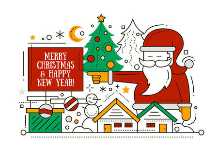 Merry Christmas and Happy New Year line design card with holidays symbols - Santa Claus, Christmas tree, house, snowmanのイラスト素材