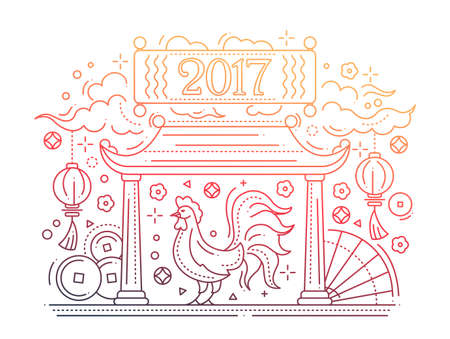 Happy New Year 2017 - vector modern plain line design illustration with a year symbol - rooster. Color gradientのイラスト素材