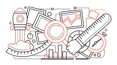 Search Optimization - vector modern line design illustration with hand with magnifying glass, charts, clock, rocketのイラスト素材