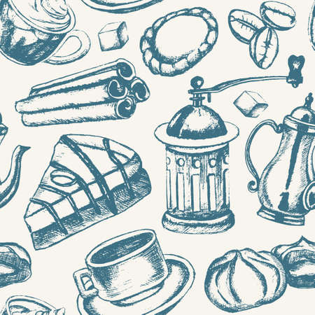 Delicious Coffee - monochromatic hand drawn seamless patternのイラスト素材