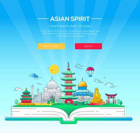 Asian Spirit - modern line travel illustration. Discover India, Japan. Have a trip, enjoy your vacation. Be on a journey. Landmarks on a book - buddha , torii, mosque, taj mahalのイラスト素材