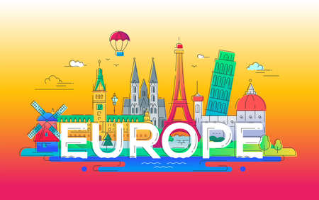 Europe - flat design composition with landmarksのイラスト素材