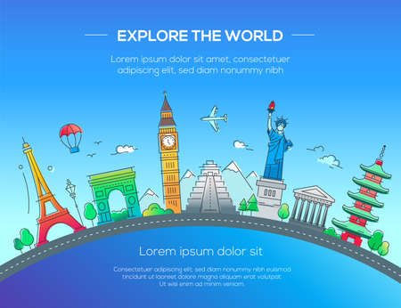 Explore the world - Illustration of vector flat design postcard with famous world landmarks iconsのイラスト素材