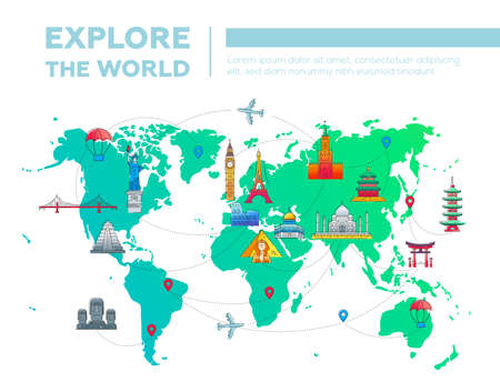 Explore the world - illustration of vector flat design postcard with famous world landmarks icons on the mapのイラスト素材