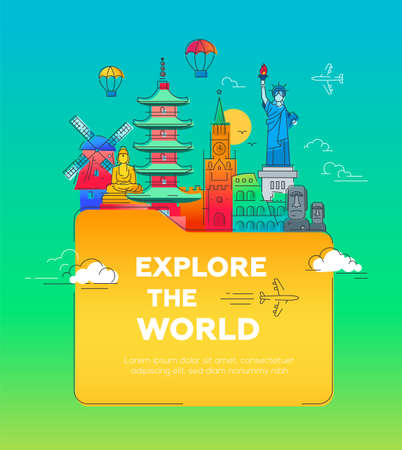 Explore the world - Illustration of vector flat design postcard with famous world landmarks in a folderのイラスト素材