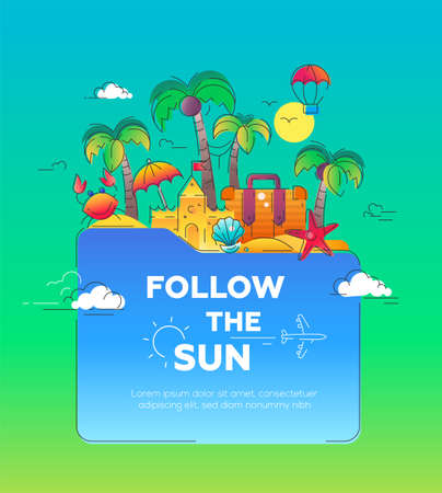Follow the Sun - Illustration of vector flat design postcard with seaside scenery, palm trees, sand castles in a folderのイラスト素材