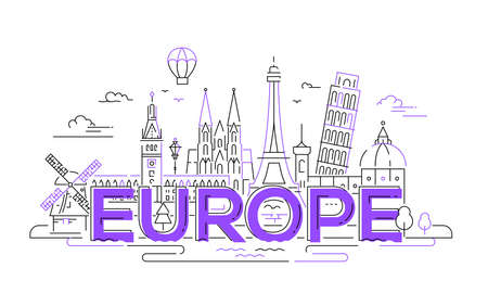 Europe - vector illustration of flat design composition with world famous landmarks iconsのイラスト素材