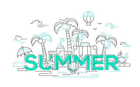 Summer - modern vector line travel illustration. Discover island paradise. Have a trip, enjoy your vacation. Be on a safe and exciting journey. Build sandcastles and swim in the ocean, kick back and rest.のイラスト素材
