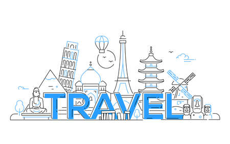 Travel - modern vector line design illustration. India, Japan, France, Italy, Netherlands. Be on a safe and exciting journey. See great landmarks like Eiffel tower, tower of Pisa, buddha monument, torii, windmill, Taj mahalのイラスト素材