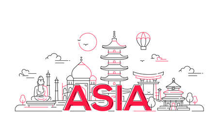 Asia - modern vector line travel illustration. Discover India, Japan, Israel. Have a trip, enjoy your vacation. Be on a journey. See landmarks like buddha , torii, mosque, Taj mahalのイラスト素材