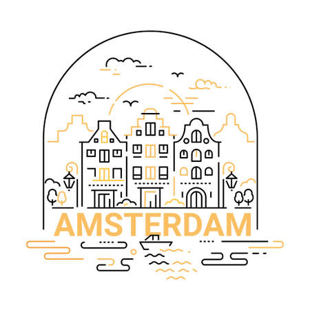 Amsterdam - modern vector line travel illustration. Have a trip, enjoy your vacation. Be on a safe and exciting journey. Landmark image. An unusual composition with a city, building, river, boat, sunset, bird, cloud, lamp in the sky backgroundのイラスト素材