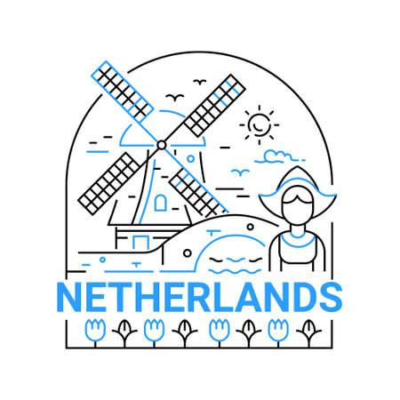 Netherlands - modern vector line travel illustration. Have a trip, enjoy your vacation. Be on a safe and exciting journey. Landmark image. Girl, windmill, sky, cloud, sun, bridge, flower, riverのイラスト素材