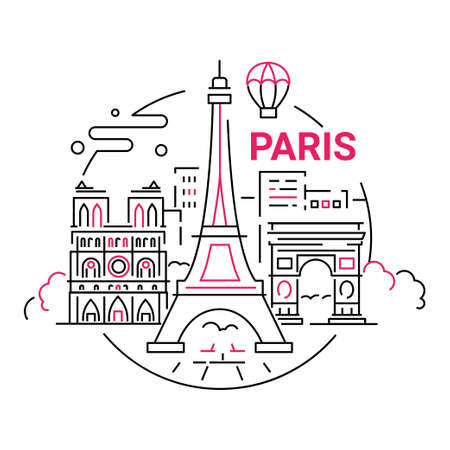 France - modern vector line travel illustration. Have a trip, enjoy your French vacation. Landmark image. An unusual composition with the Eiffel tower, Notre dame, arc de triumphal, tree, city, cloud, balloon in the sky backgroundのイラスト素材
