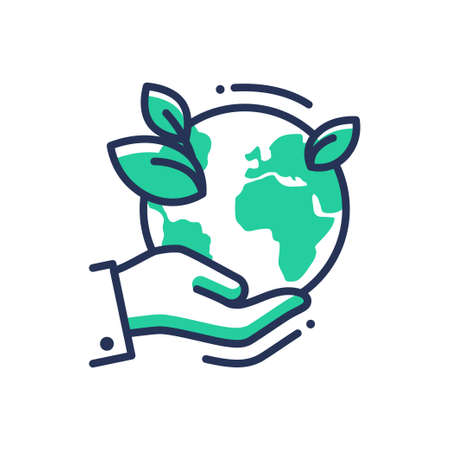 Green Earth - modern vector single line icon. An image of a planet on the palm of the hand, emerald leaves . Representation of nature, eco, health, eco lifestyle, hopeのイラスト素材