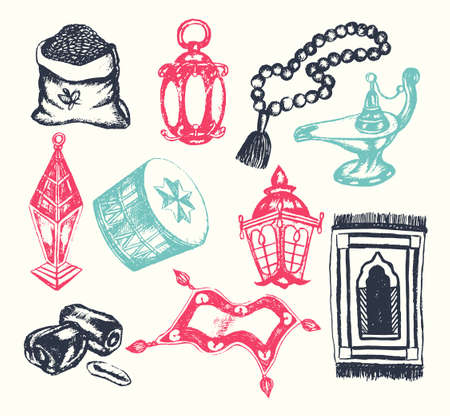 Muslim Symbols - vintage color vector hand drawn objects composition. Realistic zakat al-fitr, dates, beads, drum, lamp, prayer rug, flying magic carpet, lantern. Islamic traditions, culture.のイラスト素材