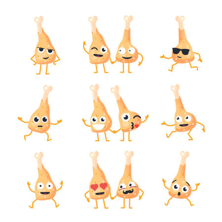 Chicken Legs Cartoon Character - modern vector set of mascot illustrations - dancing, smiling, having a good time. Emoticons, emotions, coolness, kiss, surprise, blinkingのイラスト素材