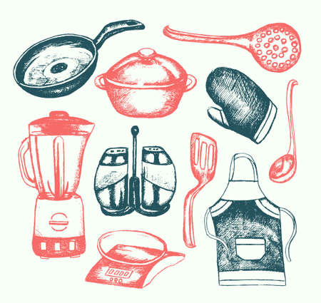 Kitchen Ware - illustration of color vector hand drawn vintage composition. Realistic frying pan, saucepan, pot, blender, ladle, apron, mitten, skimmer, straining spoon, salt, pepper shaker, scales illustrationのイラスト素材