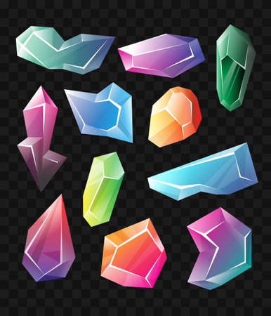 Crystals - realistic modern vector set of different shape minerals. Black background. Use this high quality clip art for presentations, banners and flyers. Blue, green and purple prizes, tokens, chipsのイラスト素材