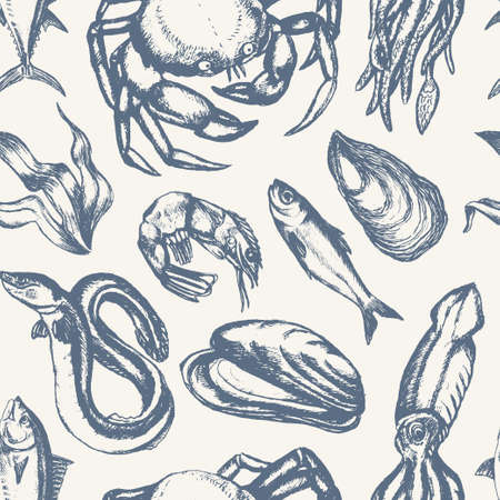 Delicious Seafood - hand drawn seamless patternのイラスト素材