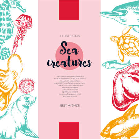 Sea Creatures - color drawn vintage banner template.のイラスト素材