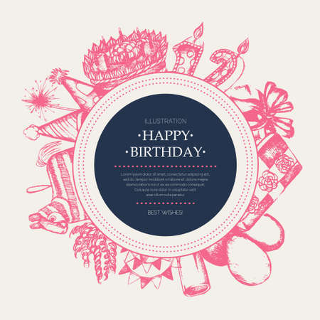 Happy Birthday - modern drawn round banner template.のイラスト素材